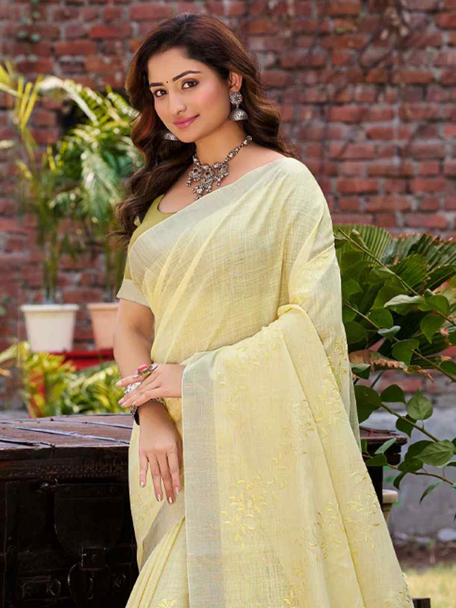 Yellow Linen Embroidery Handwoven Casual Festival Party Classic Style Sarees