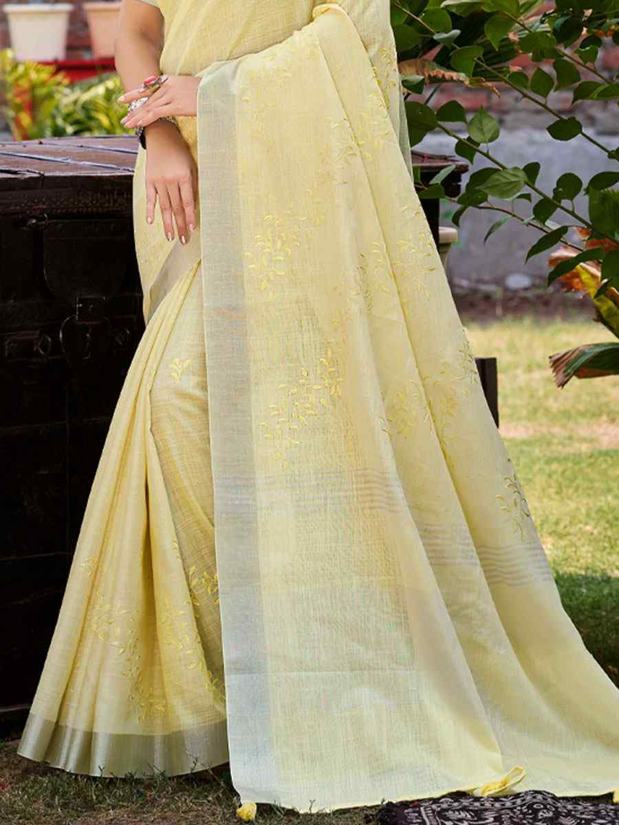 Yellow Linen Embroidery Handwoven Casual Festival Party Classic Style Sarees