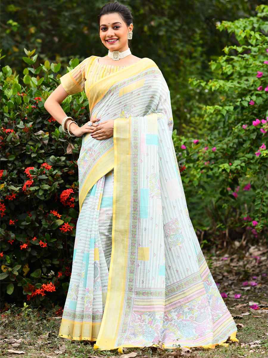 Yellow Linen Handwoven Casual Festival Classic Style Saree