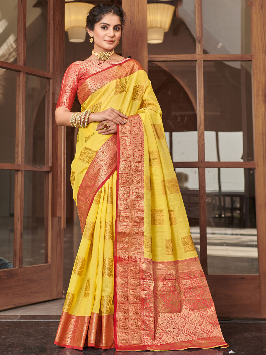Yellow Linen Handwoven Festival Saree