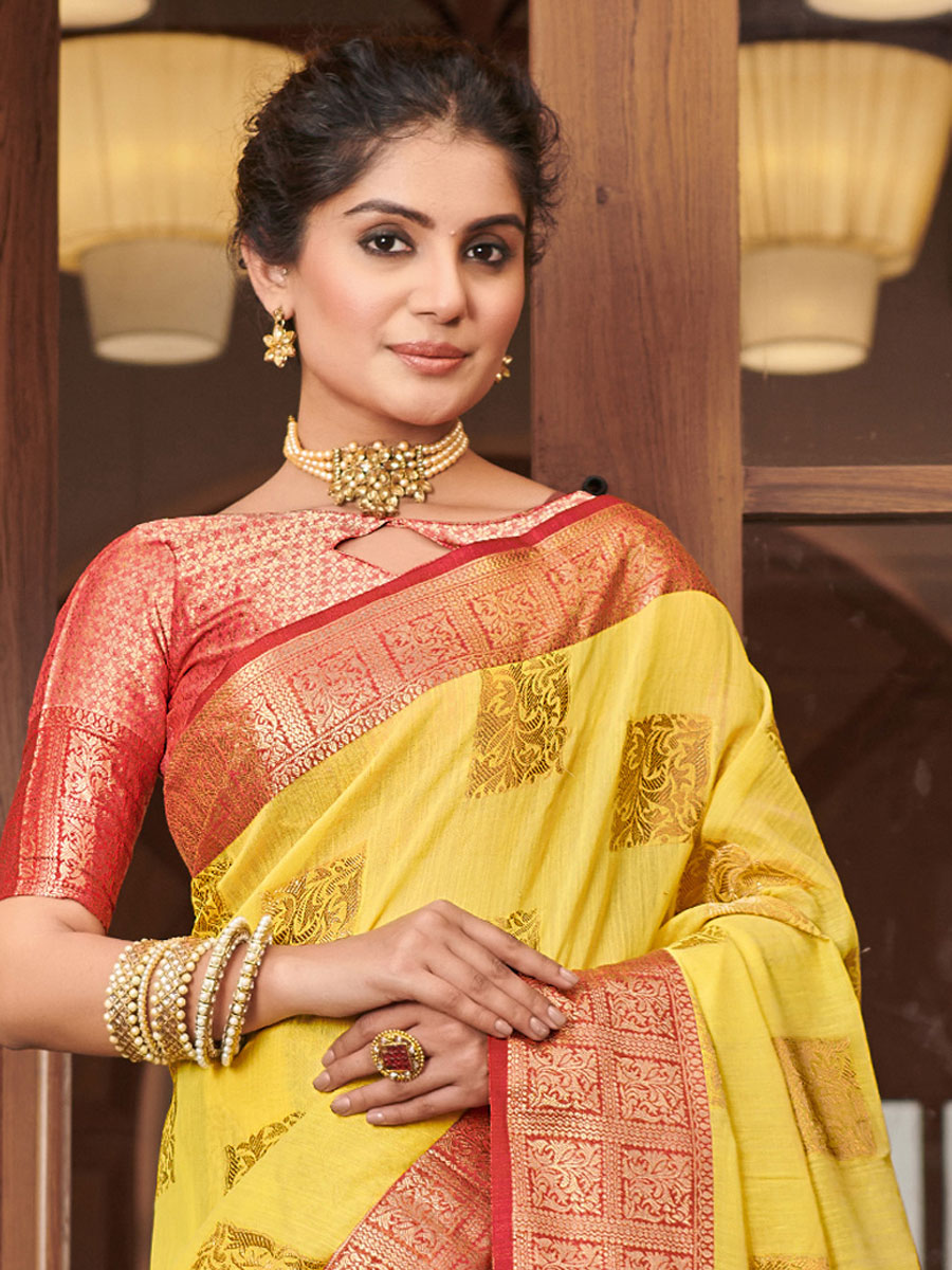Yellow Linen Handwoven Festival Saree