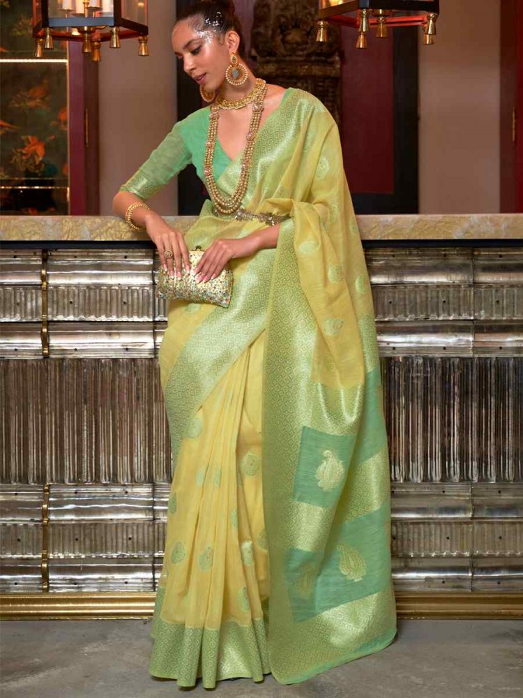 Yellow Linen Handwoven Party Festival Heavy Border Saree