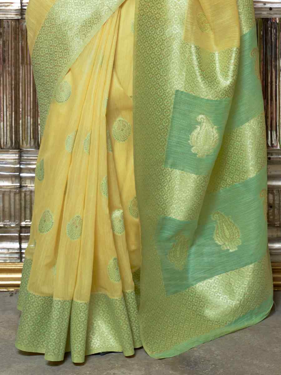 Yellow Linen Handwoven Party Festival Heavy Border Saree