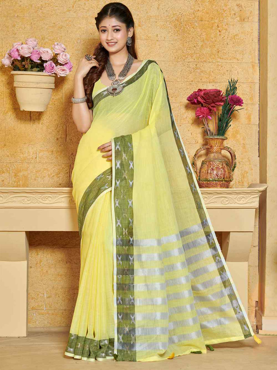 Yellow Linen Handwoven Wedding Festival Heavy Border Saree