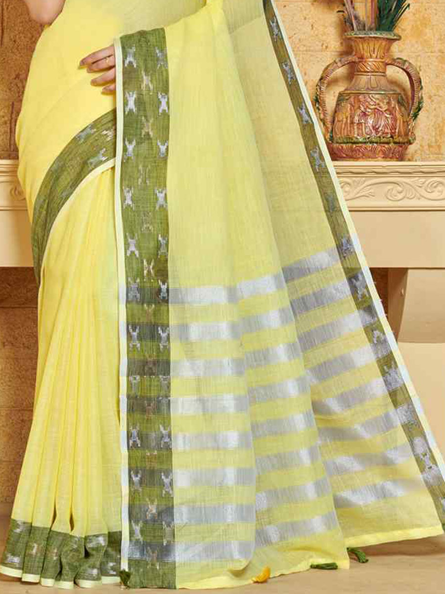 Yellow Linen Handwoven Wedding Festival Heavy Border Saree
