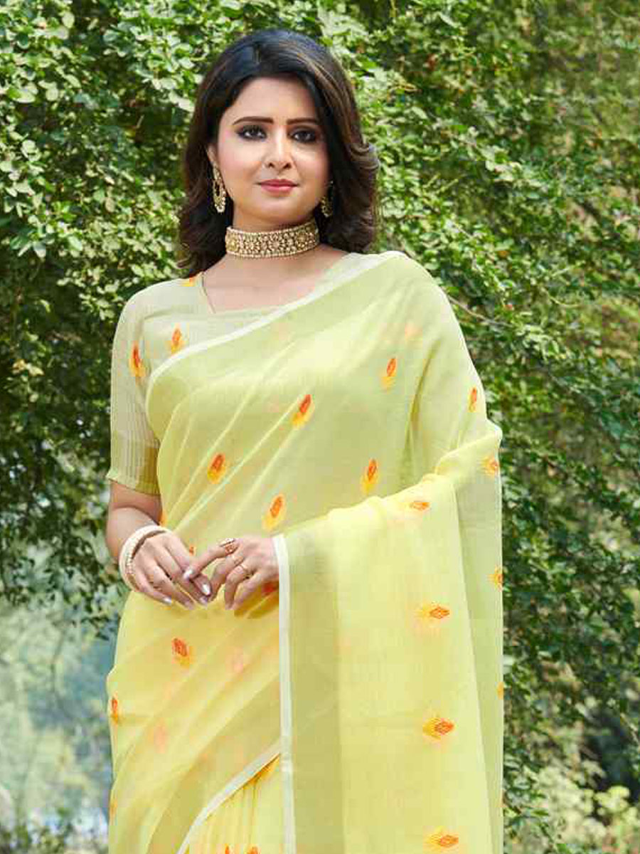 Yellow Linen Handwoven Wedding Festival Heavy Border Saree