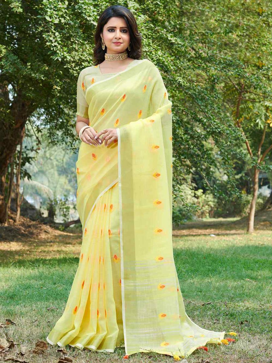 Yellow Linen Handwoven Wedding Festival Heavy Border Saree