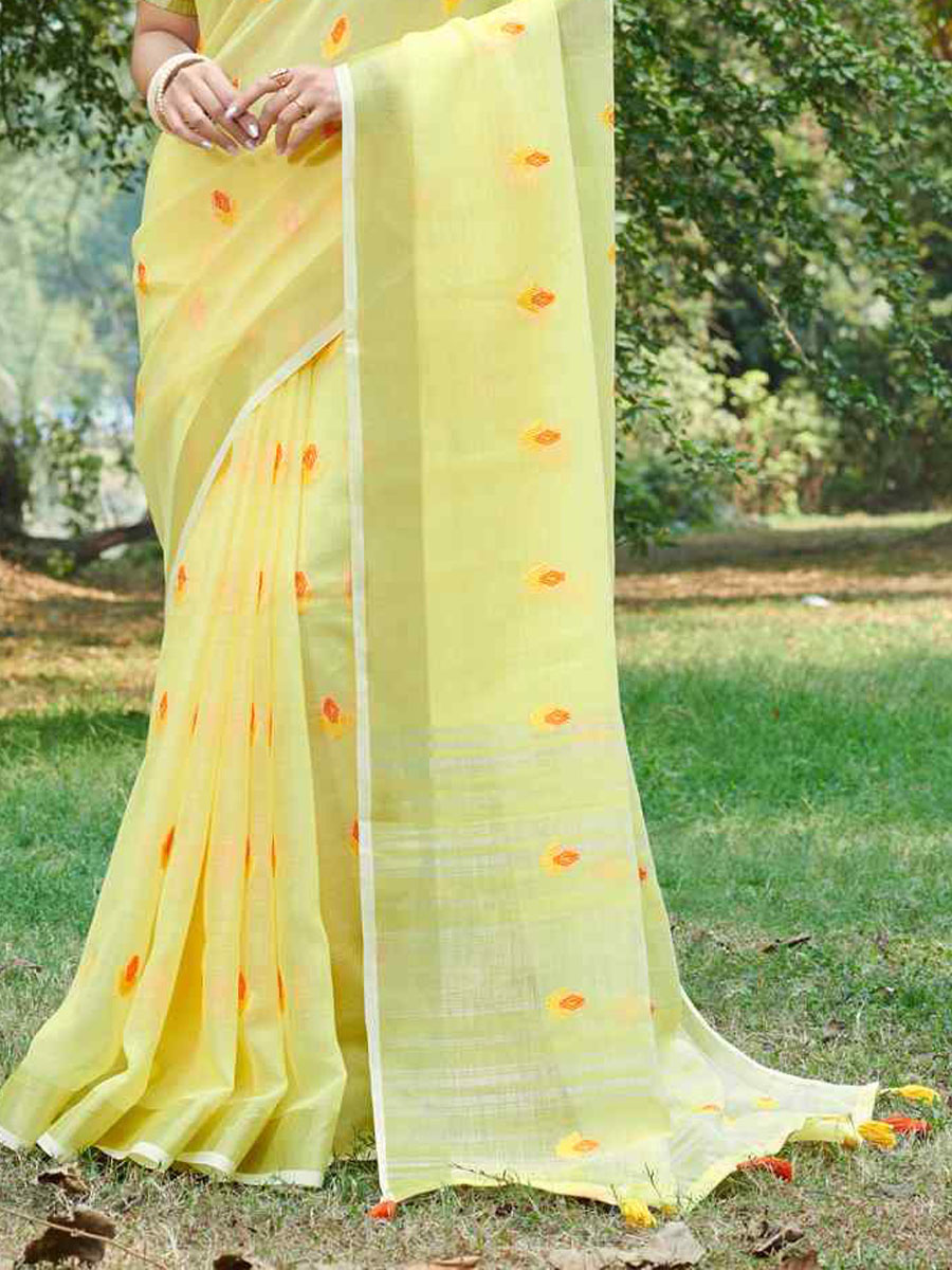 Yellow Linen Handwoven Wedding Festival Heavy Border Saree
