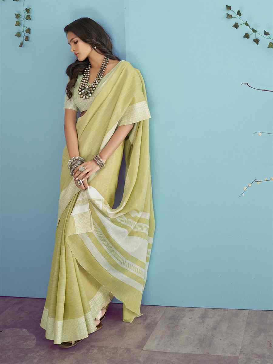 Yellow Linen Silk Embroidery Festival Wedding Fancy Heavy Border Saree