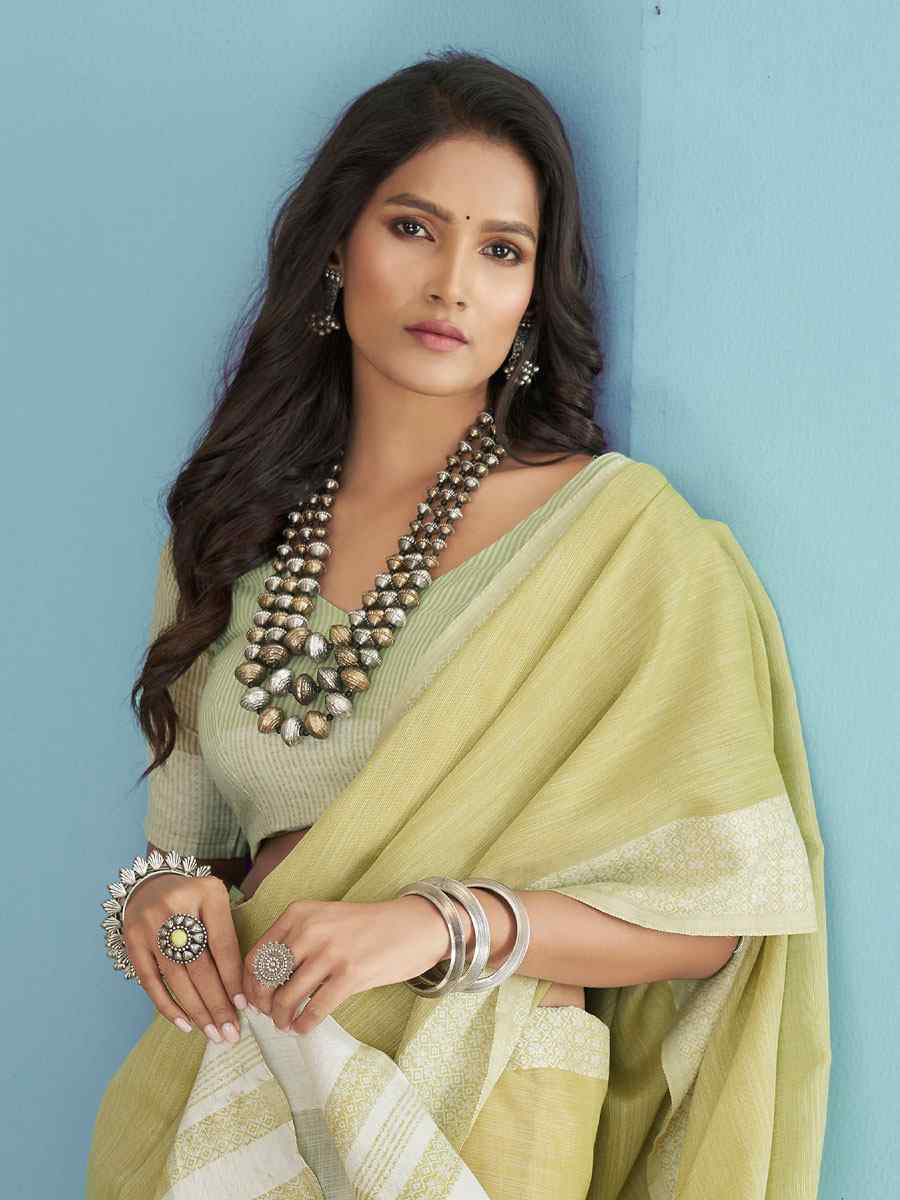 Yellow Linen Silk Embroidery Festival Wedding Fancy Heavy Border Saree