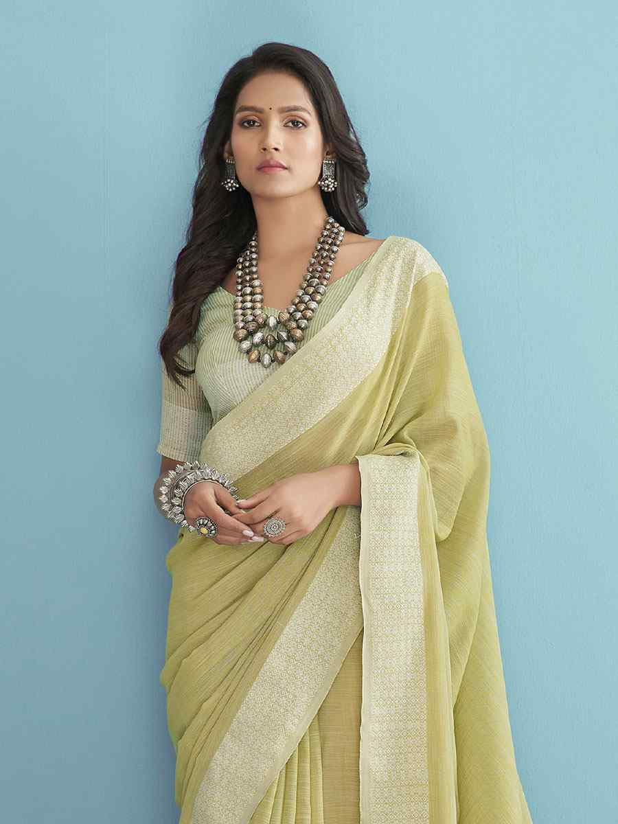 Yellow Linen Silk Embroidery Festival Wedding Fancy Heavy Border Saree