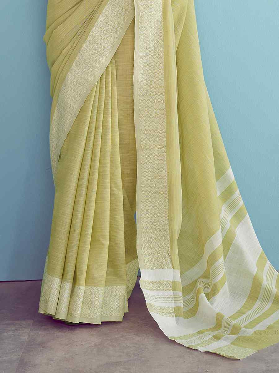 Yellow Linen Silk Embroidery Festival Wedding Fancy Heavy Border Saree