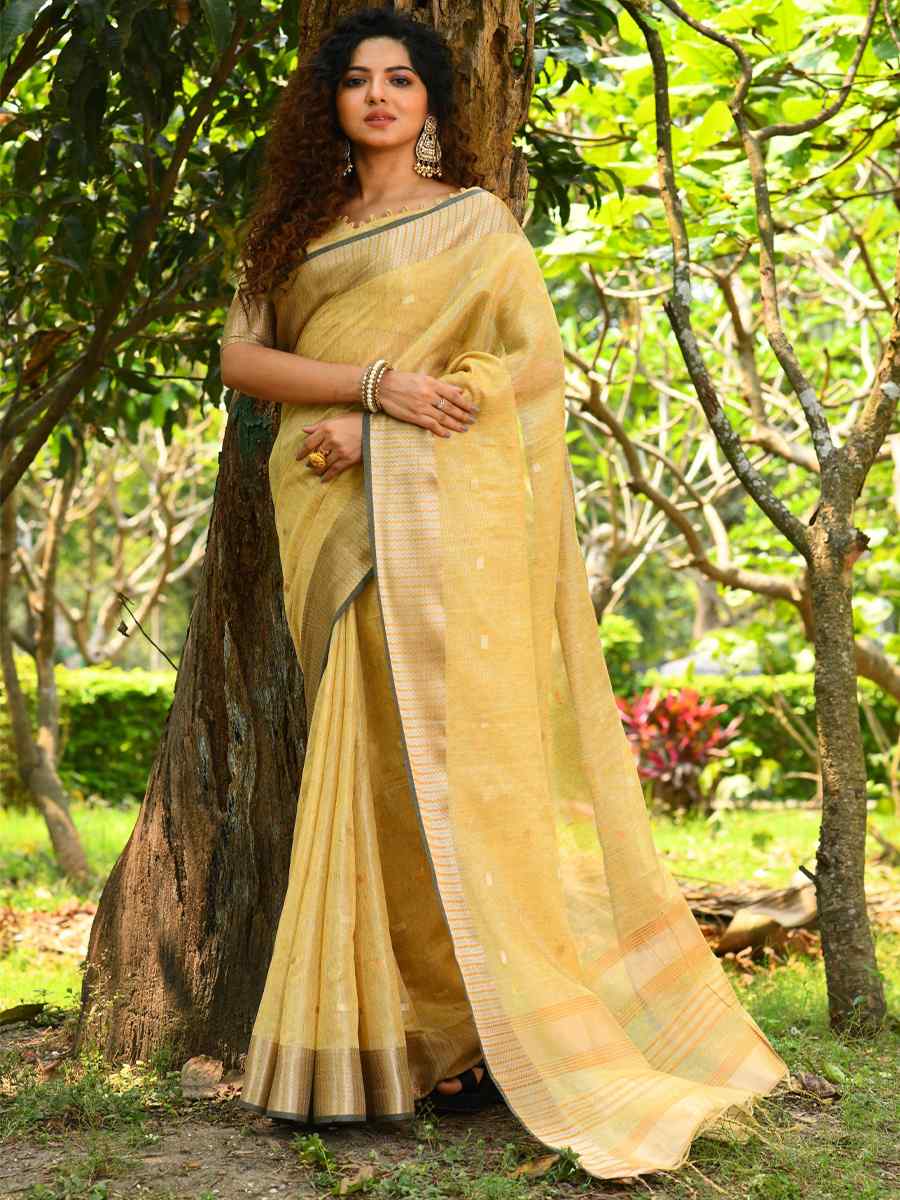 Yellow Linen Silk Printed Casual Festival Contemporary Saree