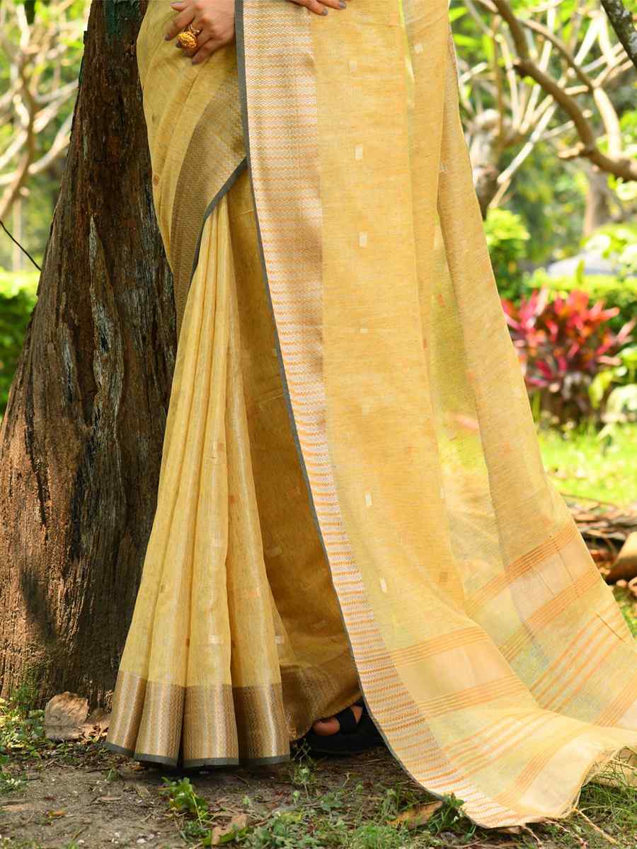 Yellow Linen Silk Printed Casual Festival Contemporary Saree