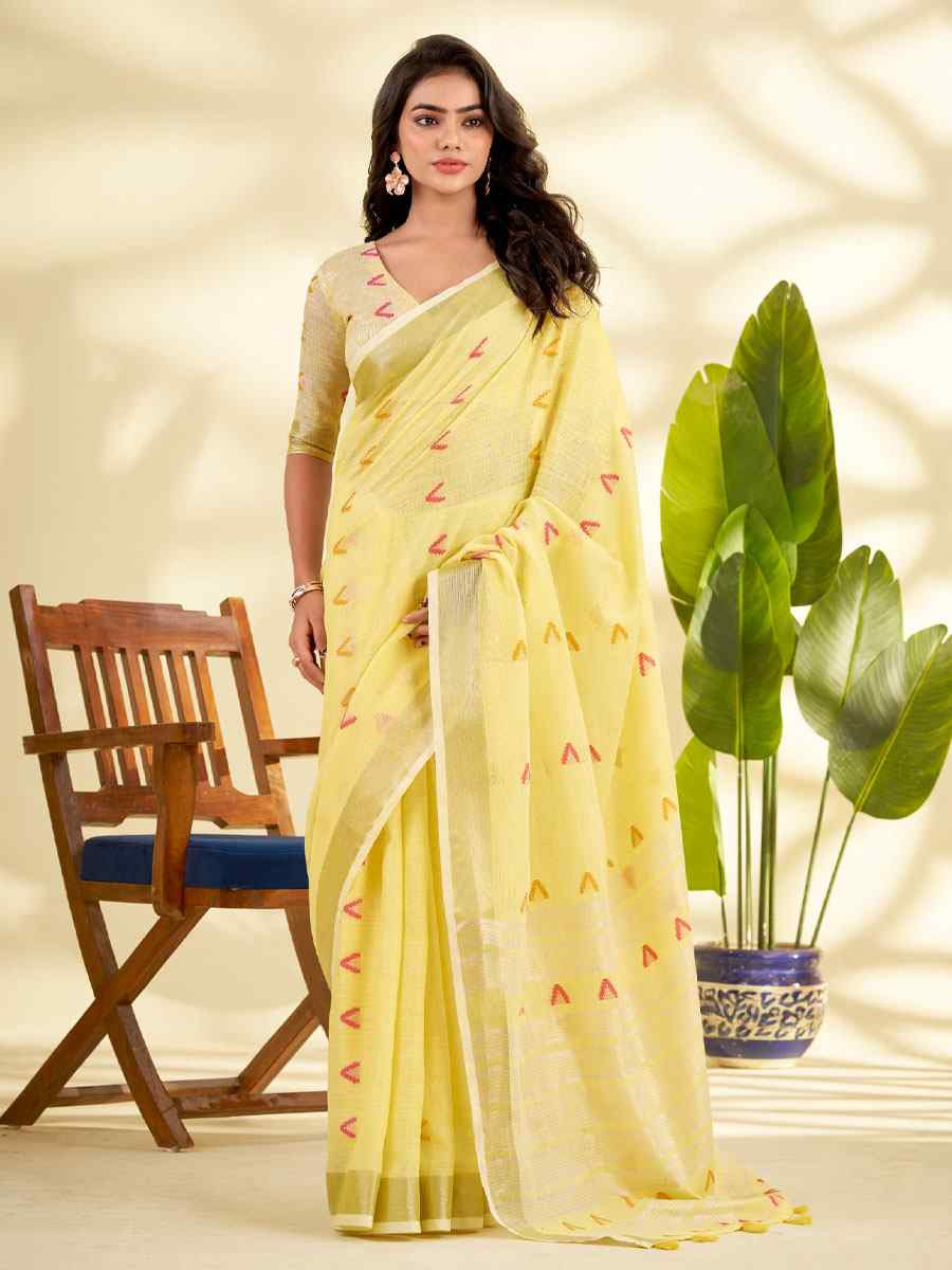 Yellow Linen Silk With Zari Border Printed Casual Festival Classic Style Sarees