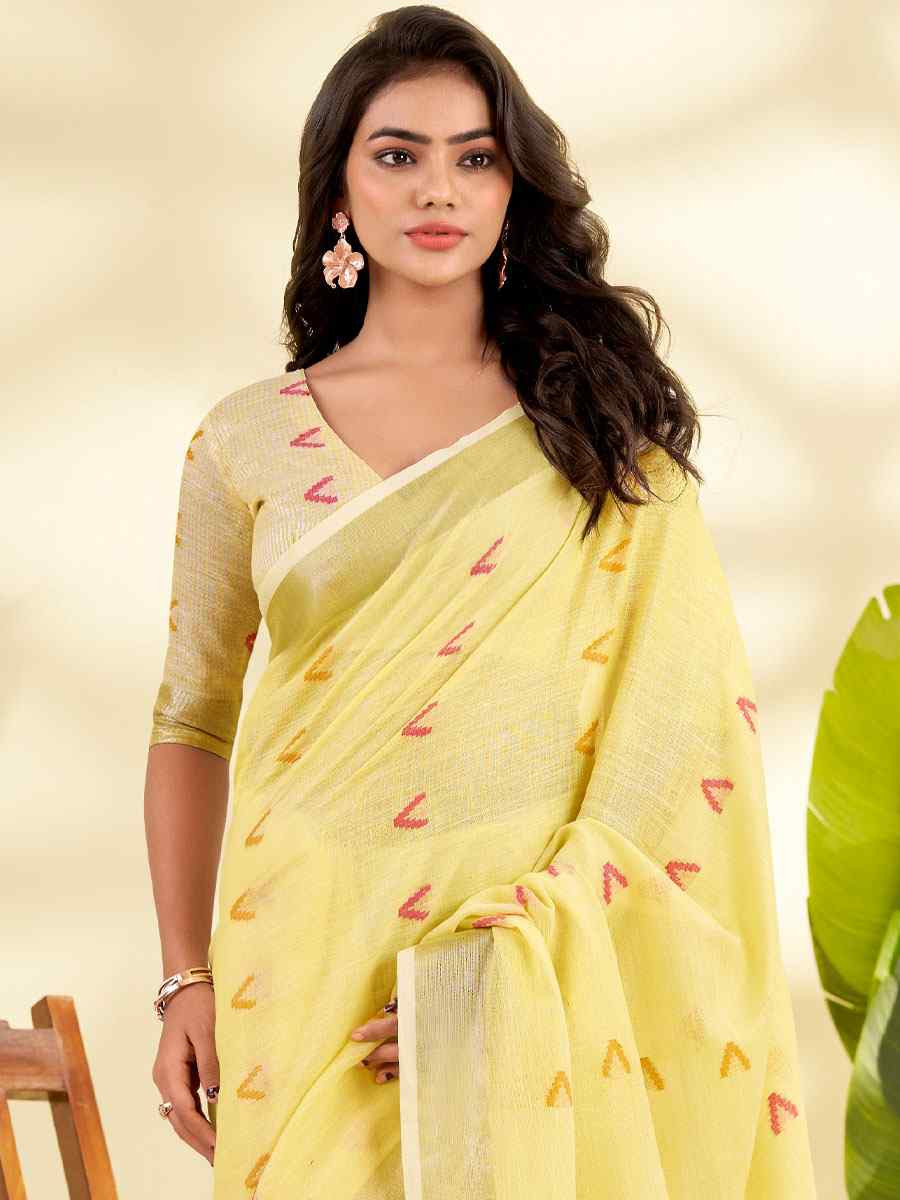 Yellow Linen Silk With Zari Border Printed Casual Festival Classic Style Sarees