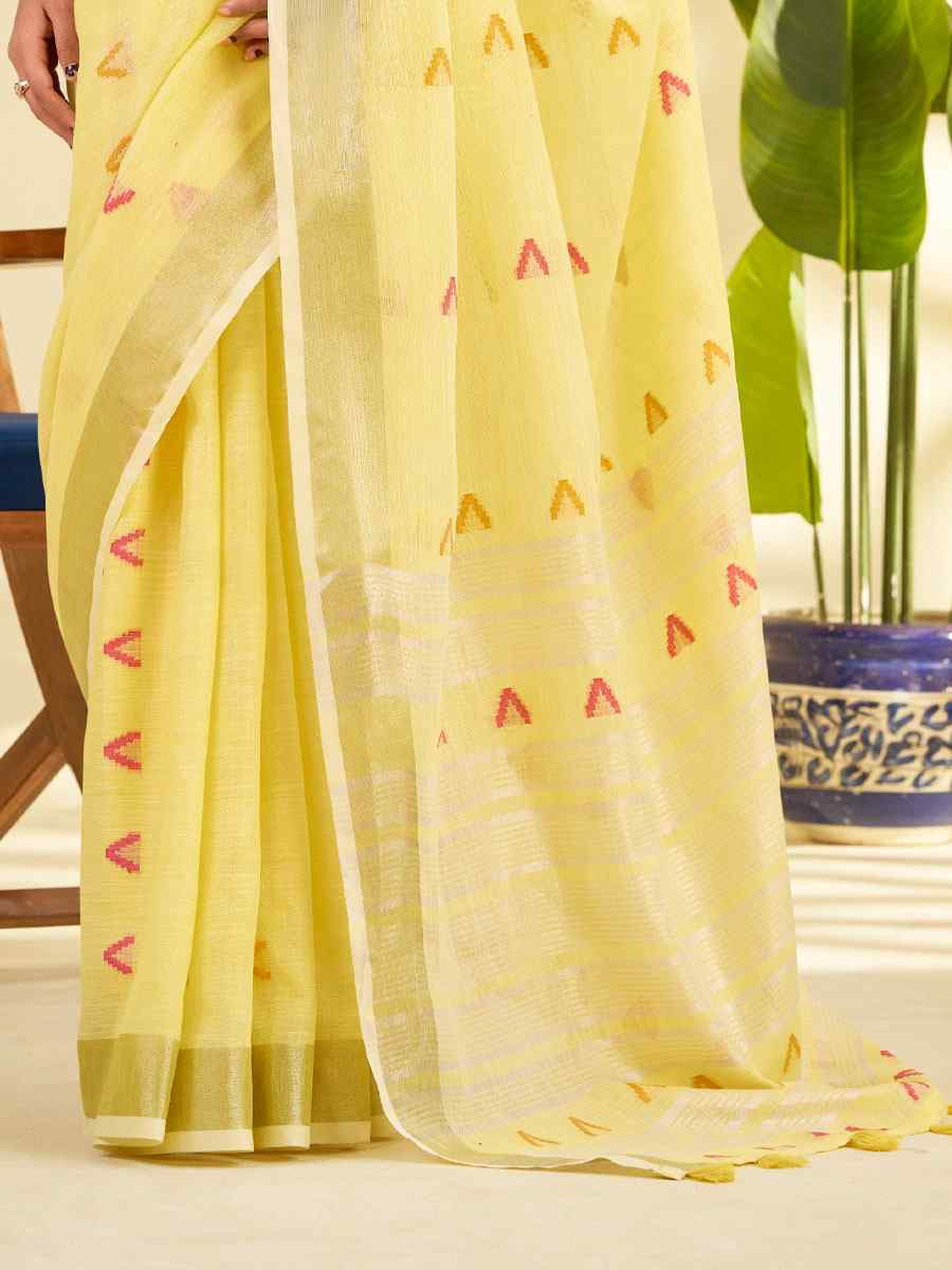 Yellow Linen Silk With Zari Border Printed Casual Festival Classic Style Sarees