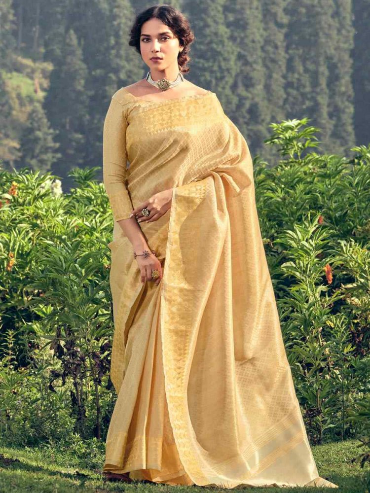 Yellow Linen Tissue Handwoven Wedding Festival Heavy Border Saree