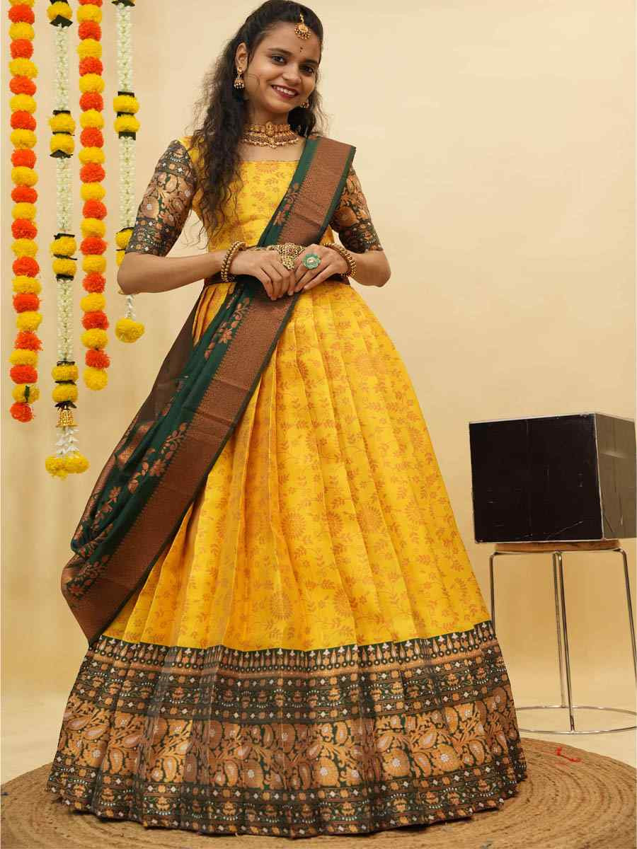 Yellow Litchi Silk Printed And Handwoven Party Reception Wedding Lehenga Choli