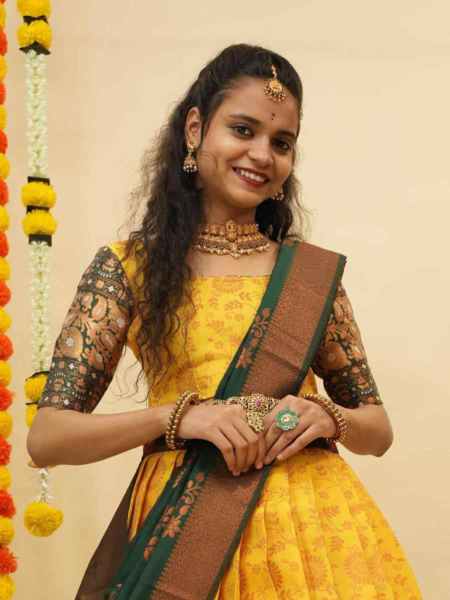 Yellow Litchi Silk Printed And Handwoven Party Reception Wedding Lehenga Choli