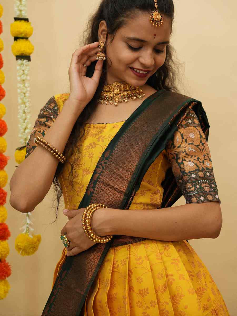 Yellow Litchi Silk Printed And Handwoven Party Reception Wedding Lehenga Choli