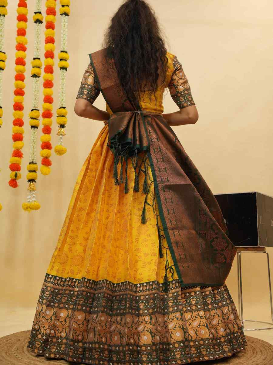 Yellow Litchi Silk Printed And Handwoven Party Reception Wedding Lehenga Choli
