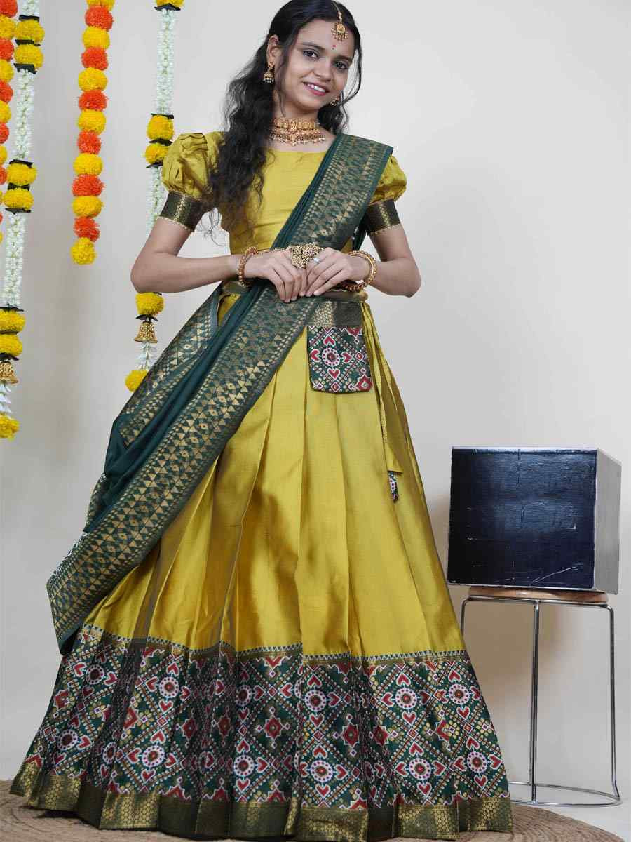 Yellow Litchi Silk Printed And Handwoven Party Reception Wedding Lehenga Choli