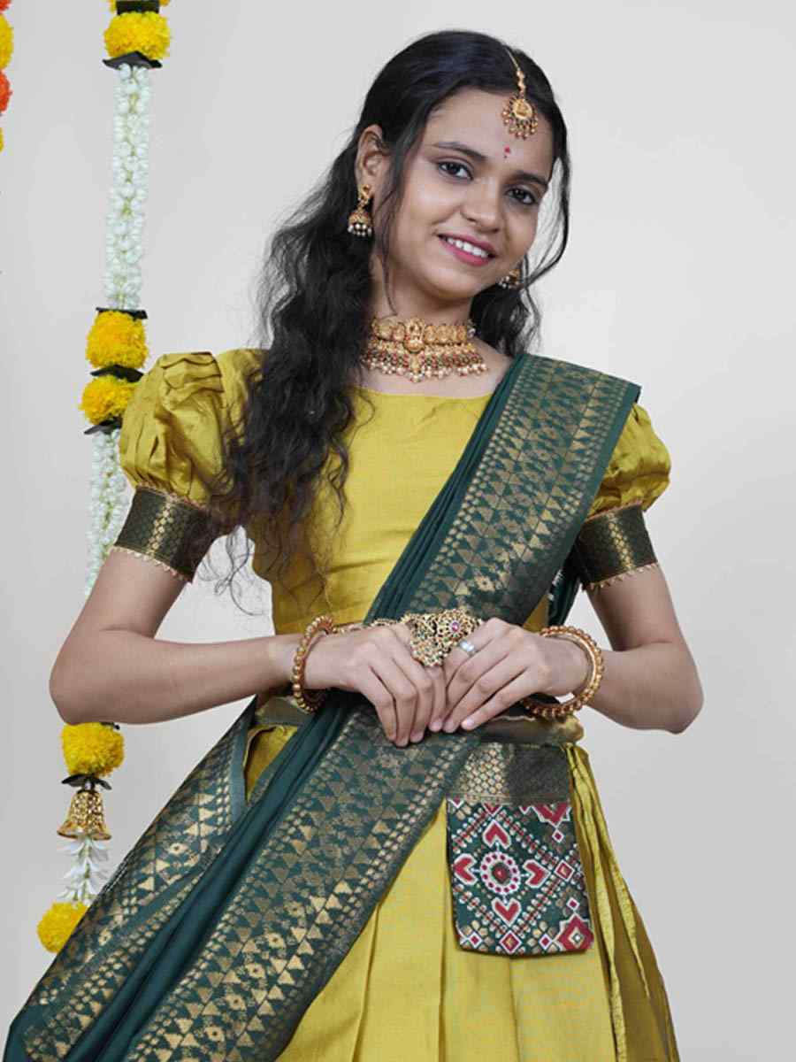 Yellow Litchi Silk Printed And Handwoven Party Reception Wedding Lehenga Choli
