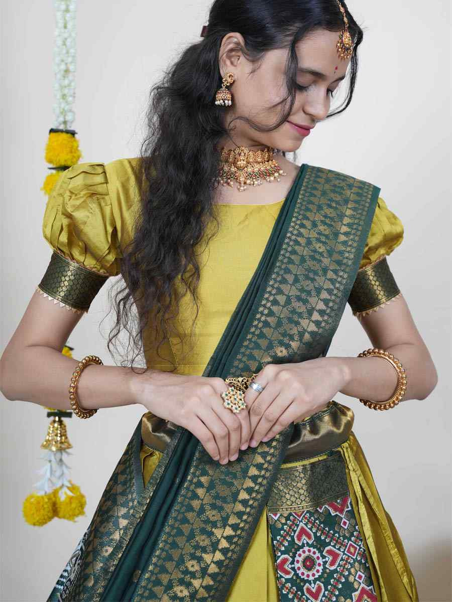 Yellow Litchi Silk Printed And Handwoven Party Reception Wedding Lehenga Choli