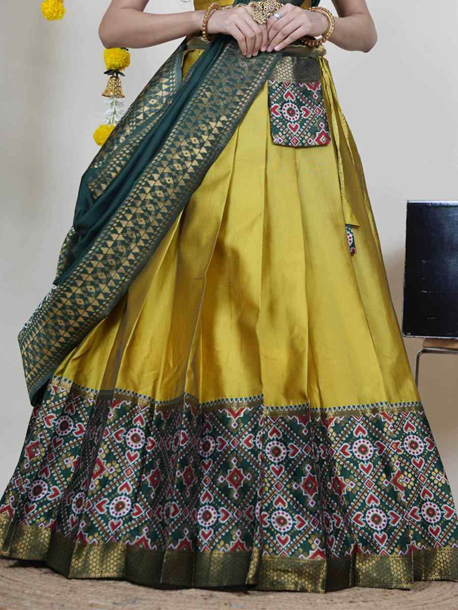 Yellow Litchi Silk Printed And Handwoven Party Reception Wedding Lehenga Choli
