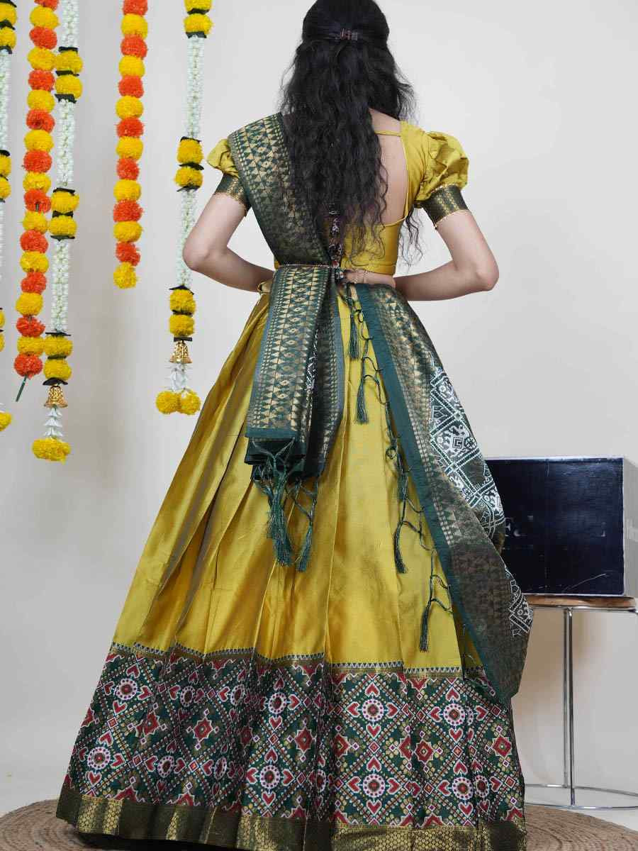 Yellow Litchi Silk Printed And Handwoven Party Reception Wedding Lehenga Choli