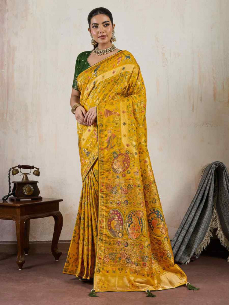 Image of Yellow Makhmal Soft Silk Handwoven Zari Bridal Reception Festival Wedding Fancy Heavy Border Saree
