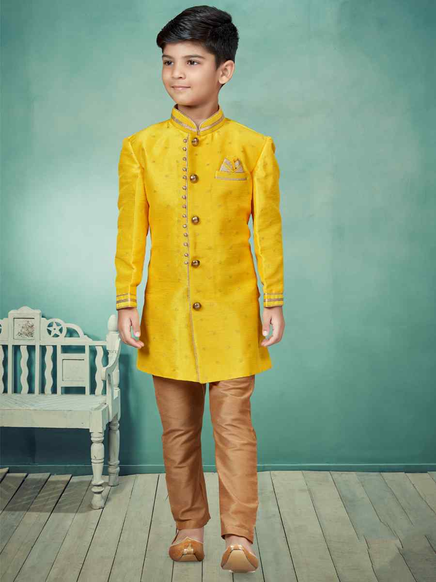 Yellow Malbari Booti Embroidered Party Festival Kurta Pyjama Boys Wear