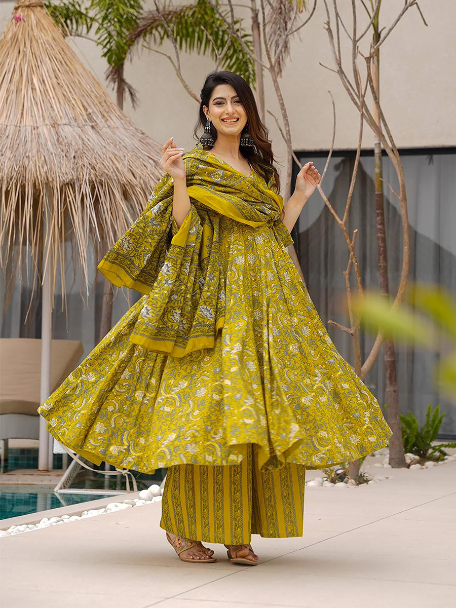 Yellow Maslin Printed Floral Wedding Party Festival Ready Anarkali Palazzo Pant Salwar Kameez