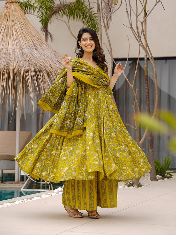 Image of Yellow Maslin Printed Floral Wedding Party Festival Ready Anarkali Palazzo Pant Salwar Kameez