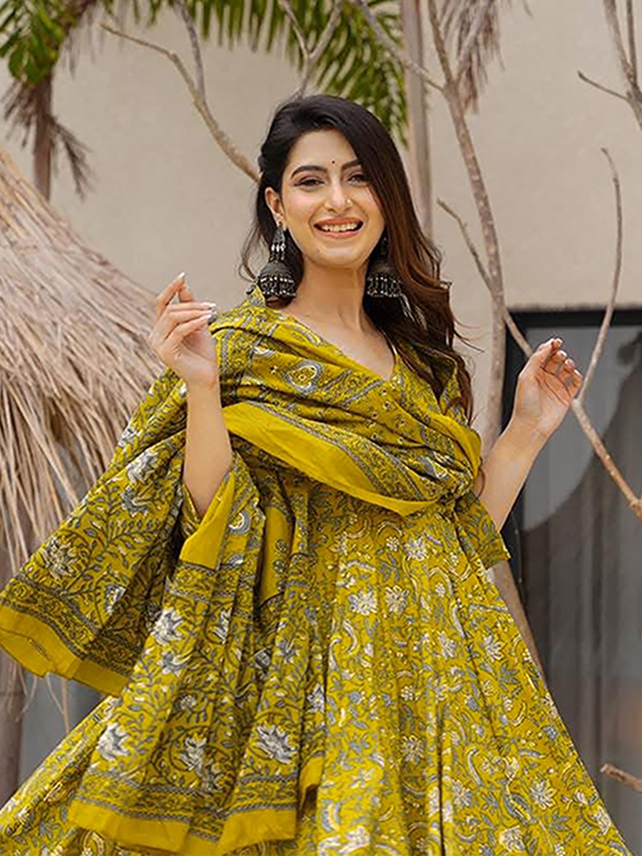 Yellow Maslin Printed Floral Wedding Party Festival Ready Anarkali Palazzo Pant Salwar Kameez