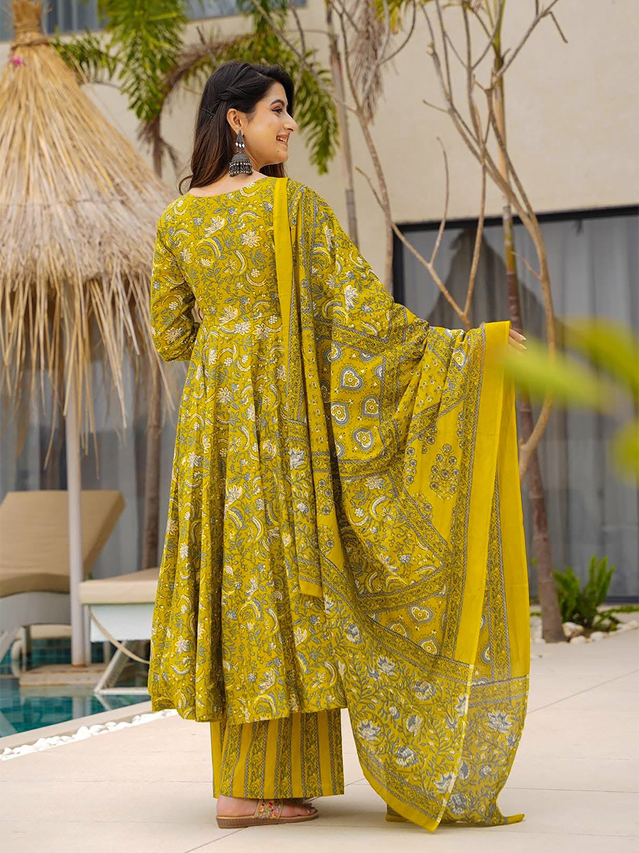 Yellow Maslin Printed Floral Wedding Party Festival Ready Anarkali Palazzo Pant Salwar Kameez