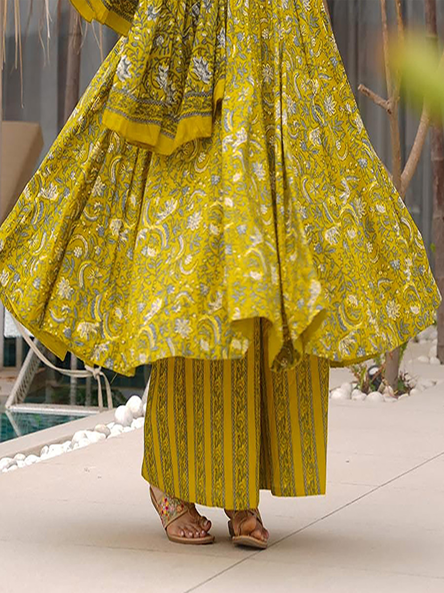 Yellow Maslin Printed Floral Wedding Party Festival Ready Anarkali Palazzo Pant Salwar Kameez