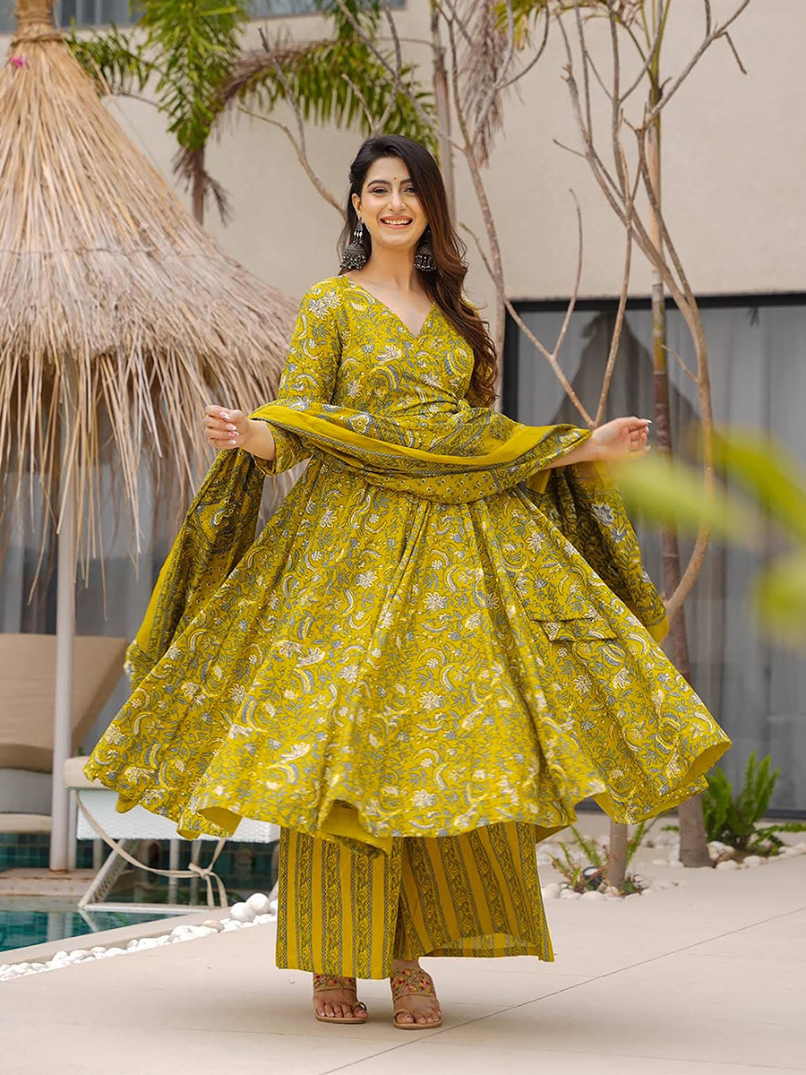 Yellow Maslin Printed Floral Wedding Party Festival Ready Anarkali Palazzo Pant Salwar Kameez