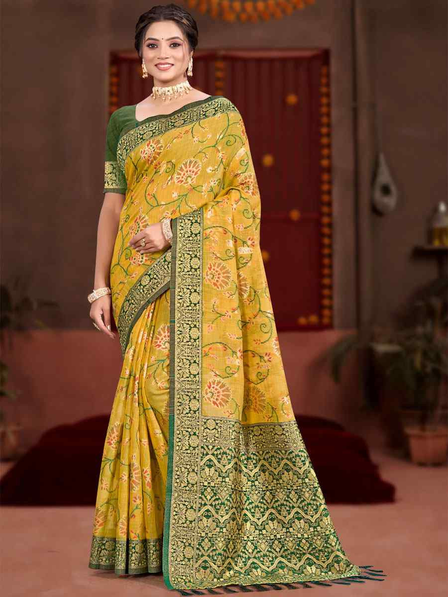 Yellow Meenakari Cotton Silk Handwoven Casual Reception Festival Wedding Fancy Classic Style Sarees