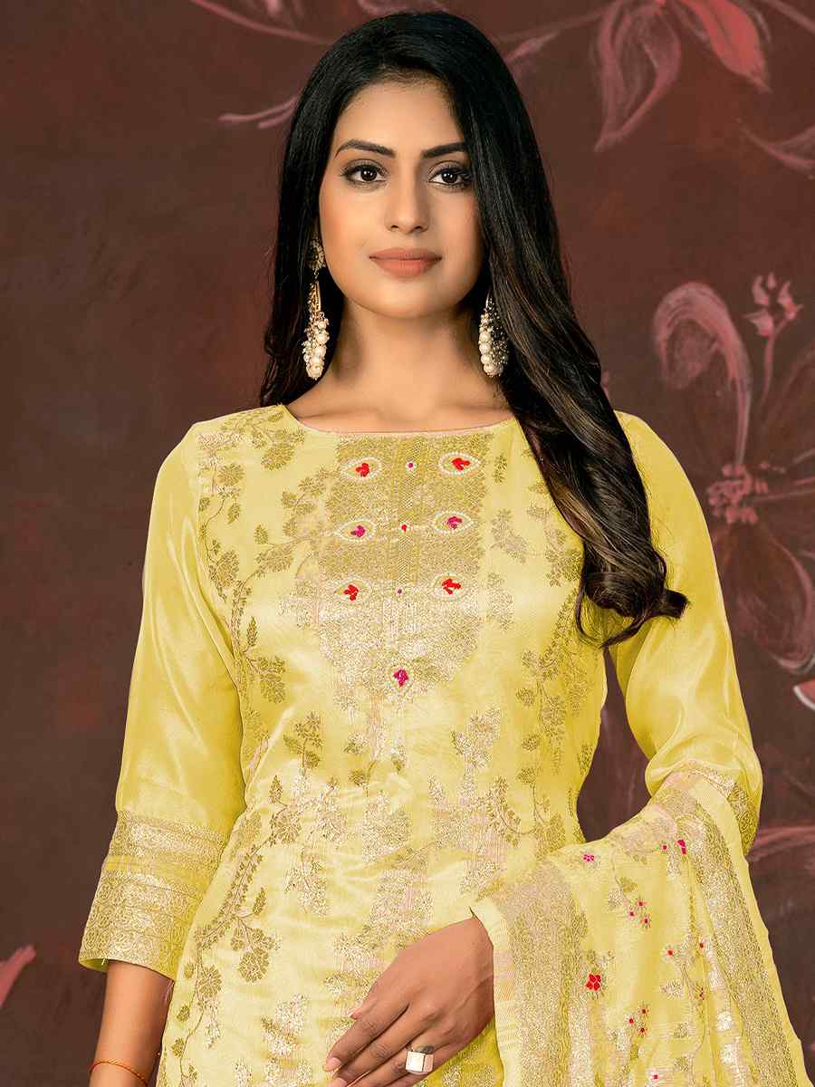 Yellow Modal Banarasi Silk Embroidered Casual Festival Pant Salwar Kameez