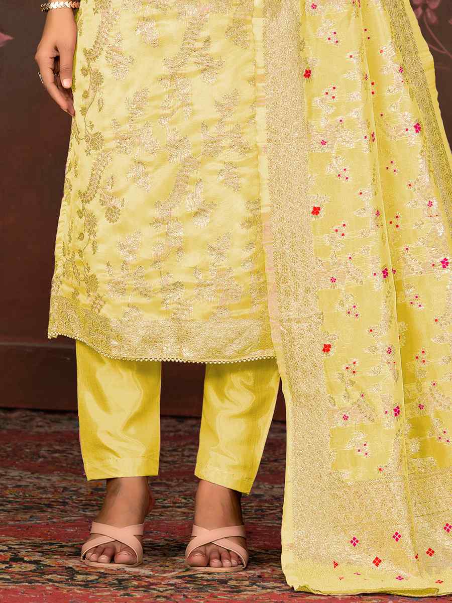 Yellow Modal Banarasi Silk Embroidered Casual Festival Pant Salwar Kameez