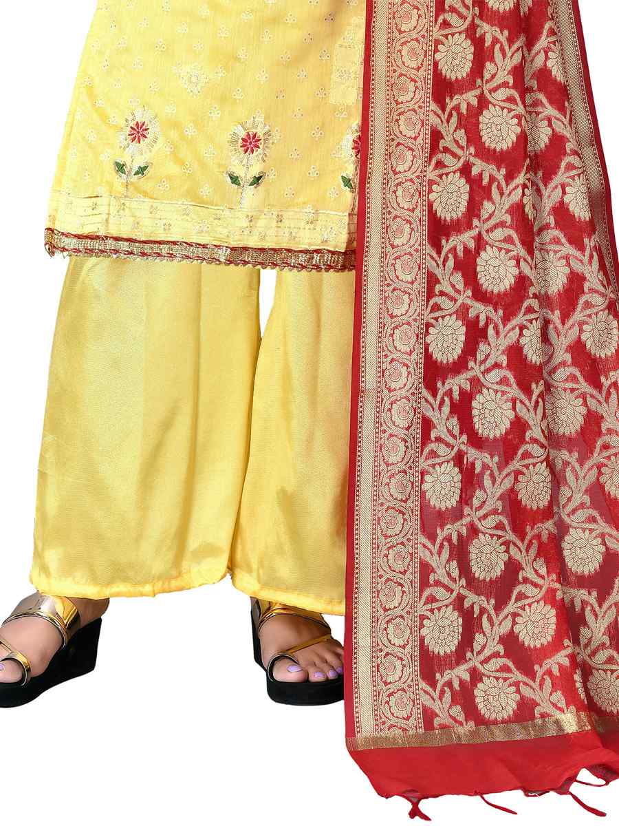 Yellow Modal Chanderi Cotton Embroidered Festival Wedding Palazzo Pant Salwar Kameez