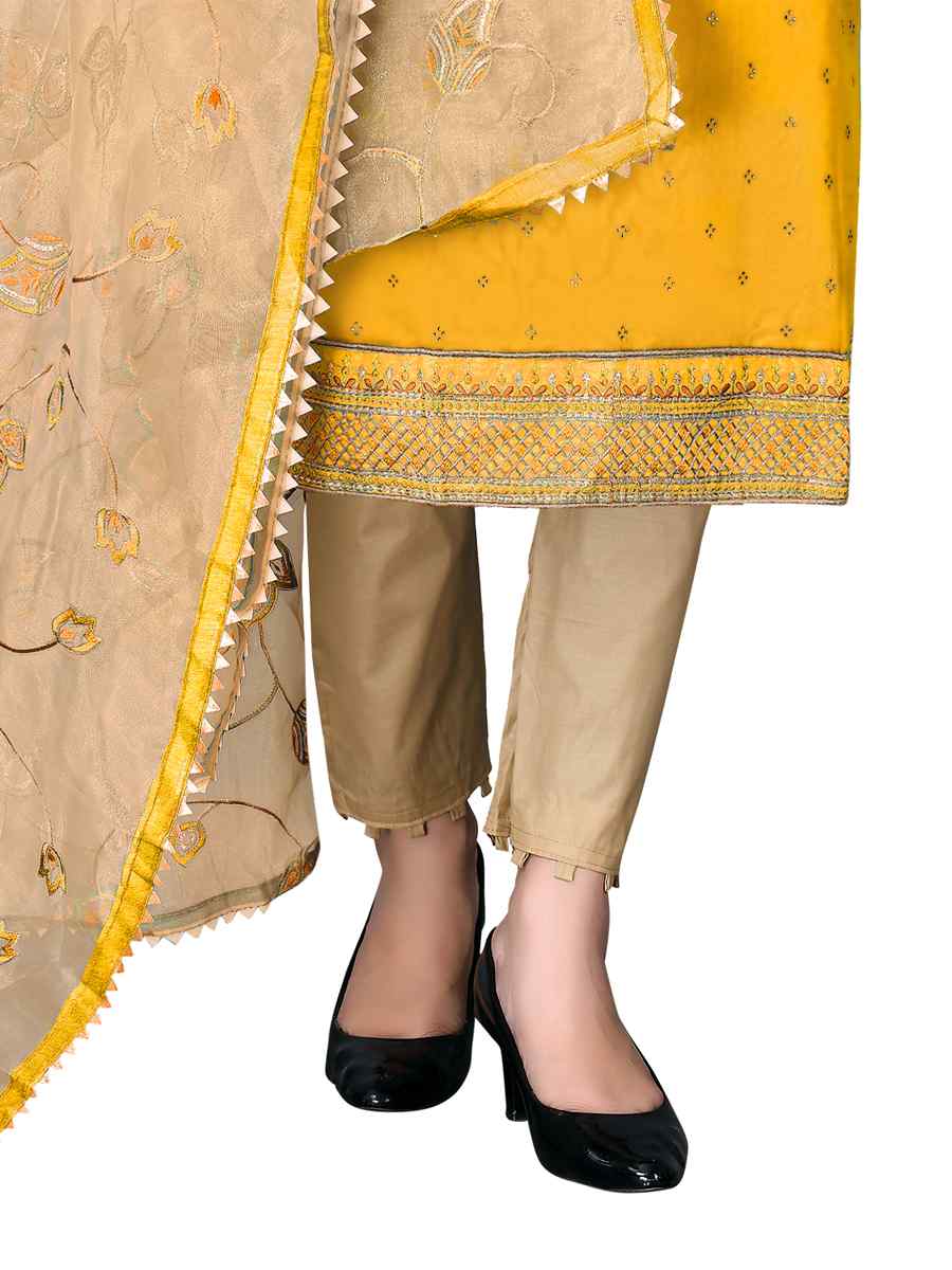 Yellow Modal Chanderi Cotton Embroidered Festival Wedding Pant Salwar Kameez