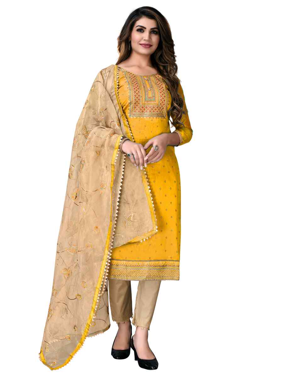 Yellow Modal Chanderi Cotton Embroidered Festival Wedding Pant Salwar Kameez