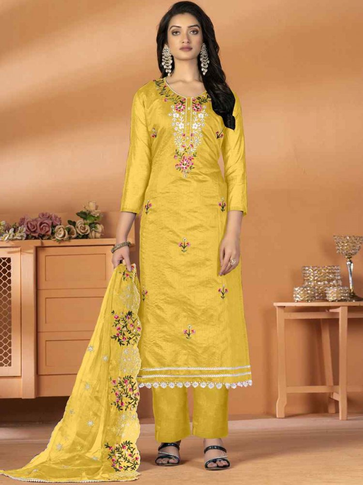 Yellow Modal Chanderi Silk Embroidered Casual Festival Pant Salwar Kameez