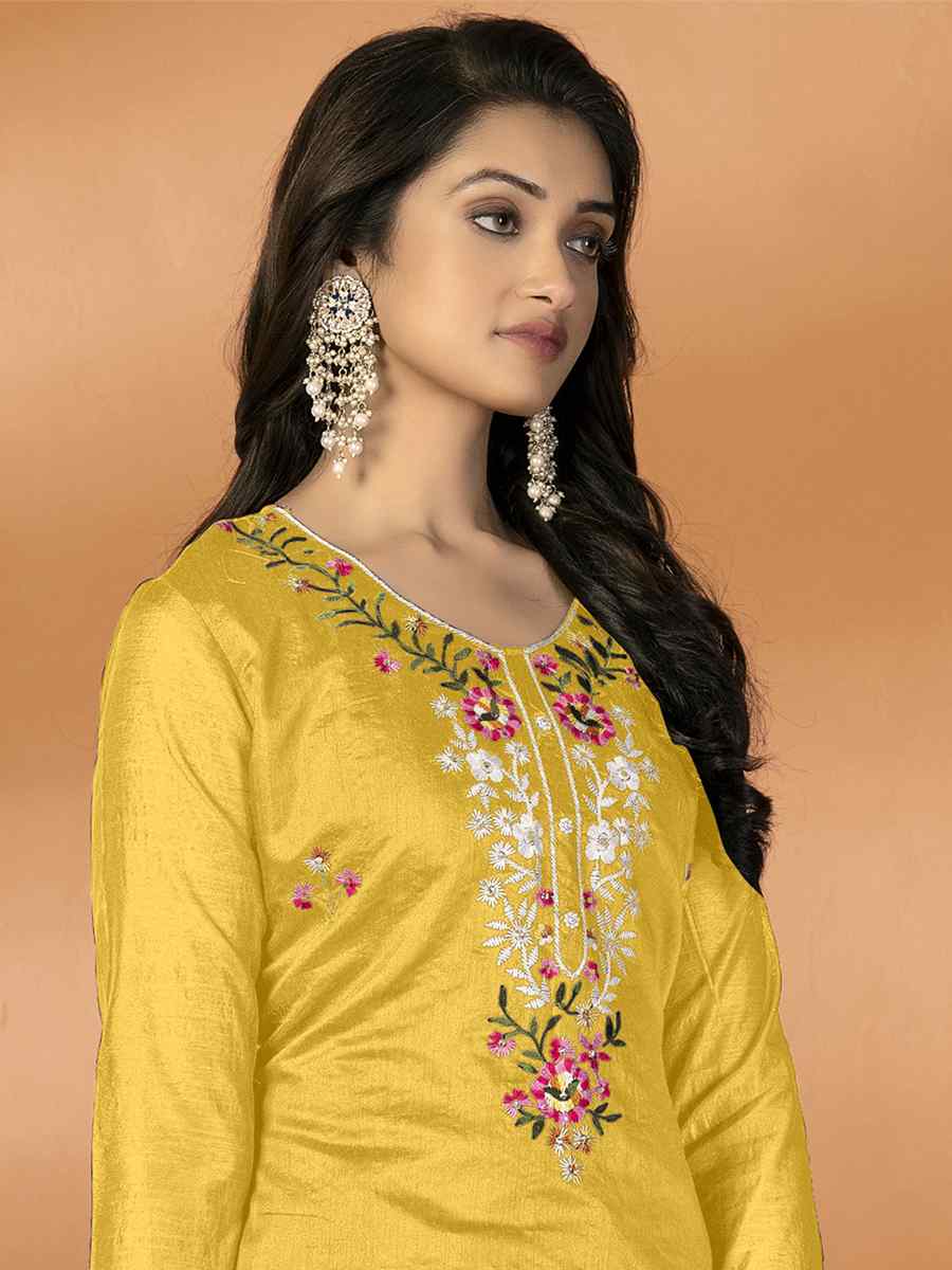 Yellow Modal Chanderi Silk Embroidered Casual Festival Pant Salwar Kameez