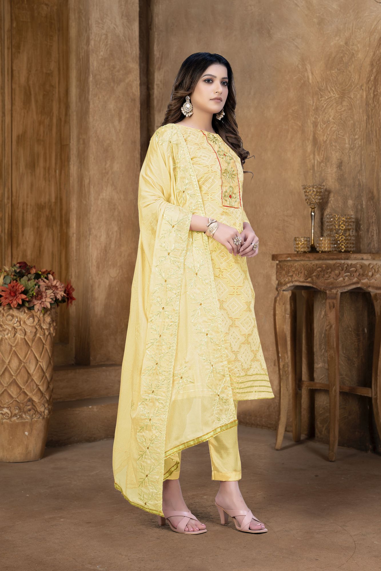 Yellow Modal Cotton Embroidery Festival Party Pant Salwar Kameez