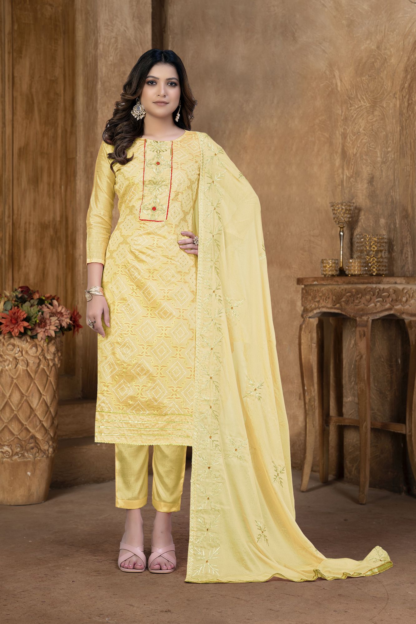 Yellow Modal Cotton Embroidery Festival Party Pant Salwar Kameez