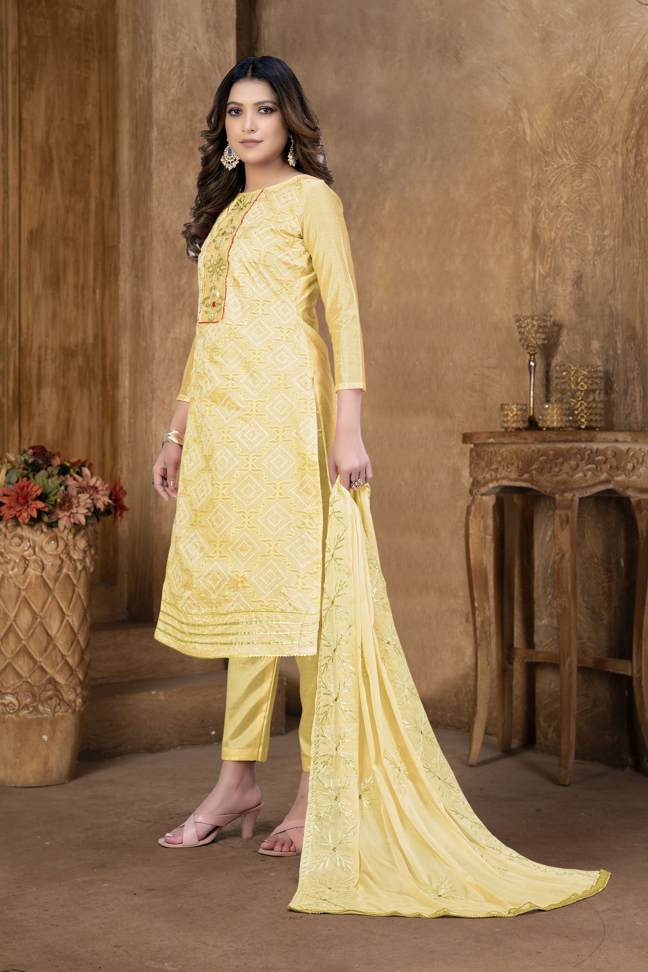 Yellow Modal Cotton Embroidery Festival Party Pant Salwar Kameez